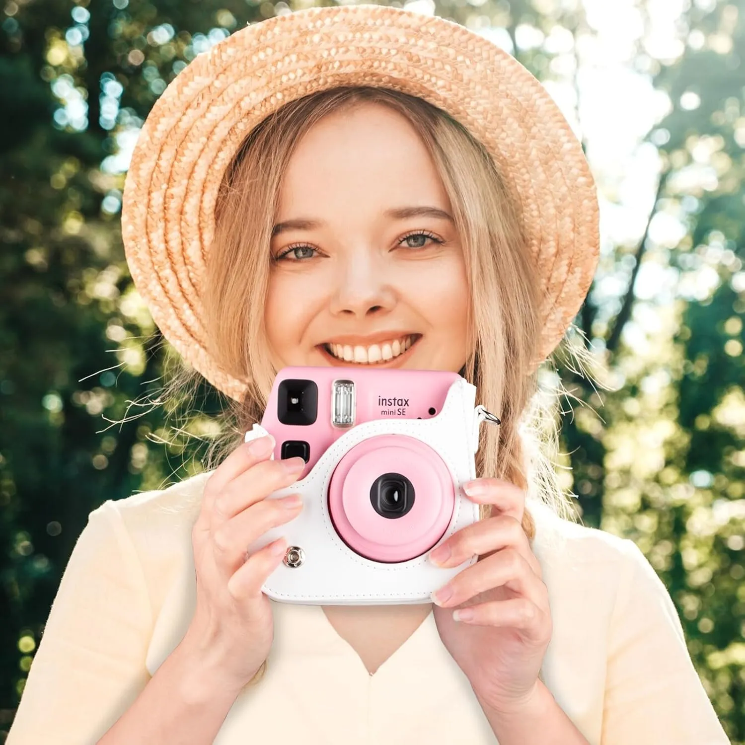 Mini Leather Case, Protective Case Compatible with Fujifilm Instax SE/7  Instant Camera, Cover with Shoulder Strap - Solid White