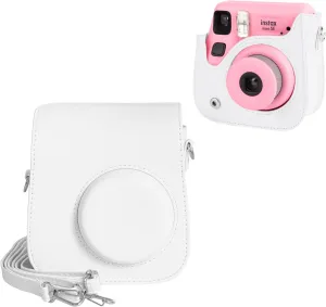 Mini Leather Case, Protective Case Compatible with Fujifilm Instax SE/7  Instant Camera, Cover with Shoulder Strap - Solid White