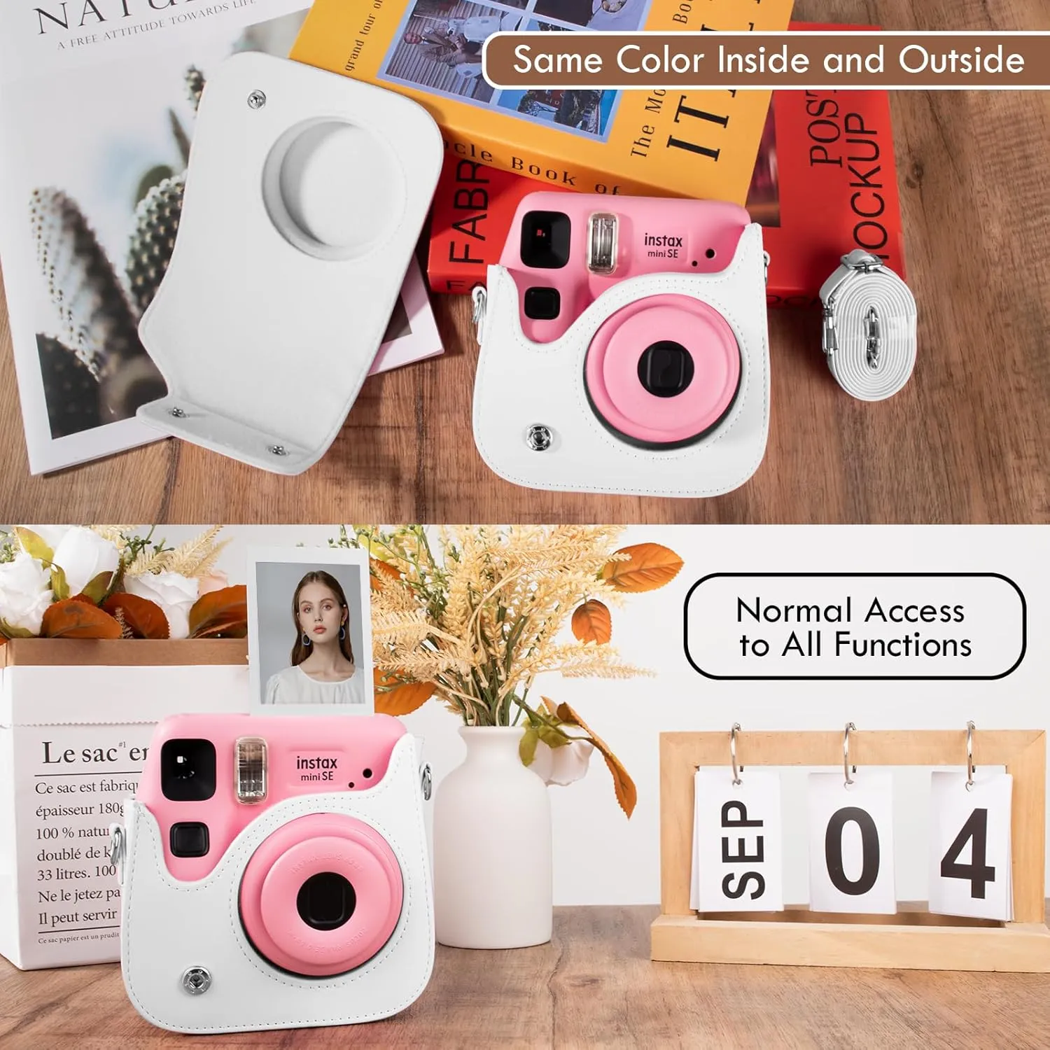 Mini Leather Case, Protective Case Compatible with Fujifilm Instax SE/7  Instant Camera, Cover with Shoulder Strap - Solid White