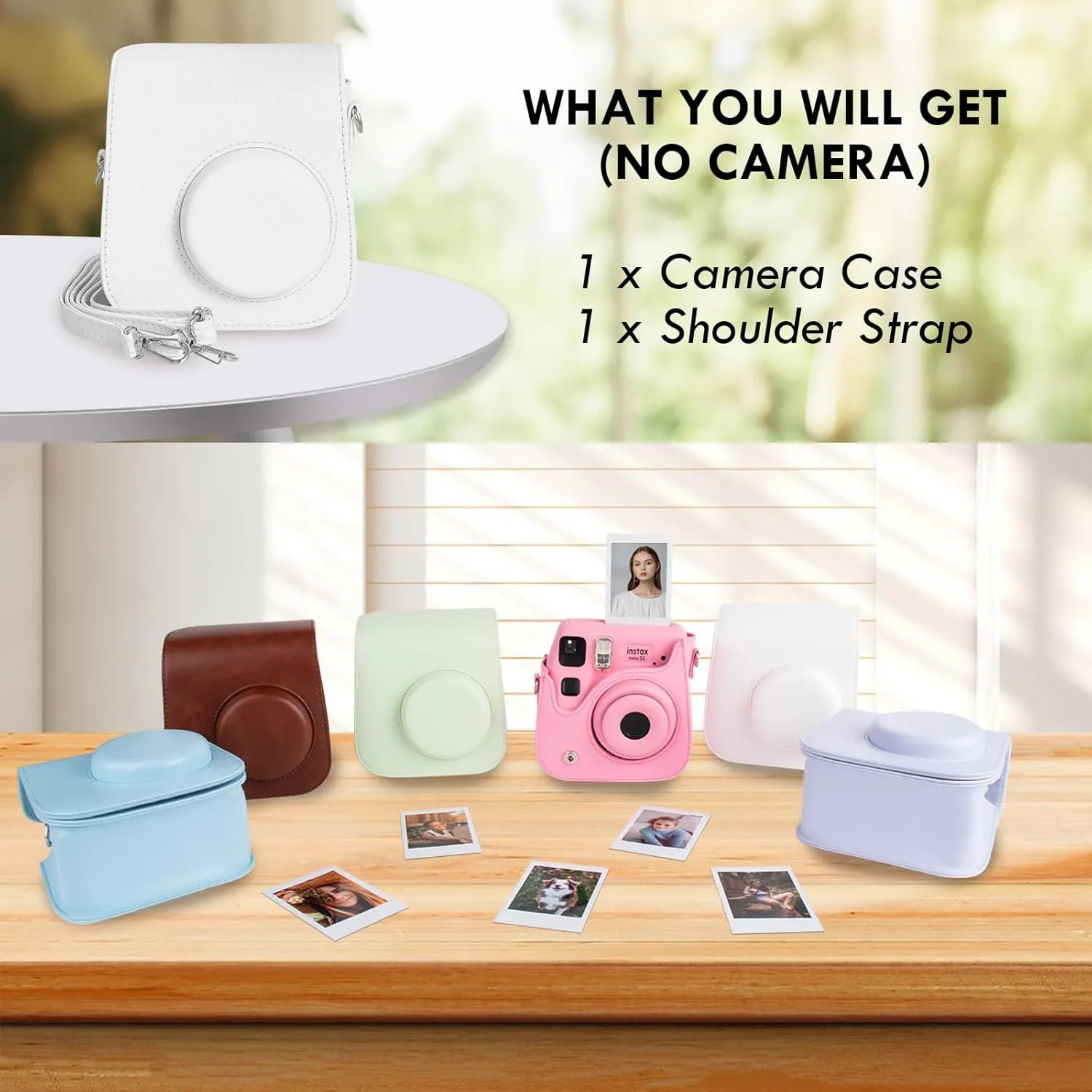 Mini Leather Case, Protective Case Compatible with Fujifilm Instax SE/7  Instant Camera, Cover with Shoulder Strap - Solid White