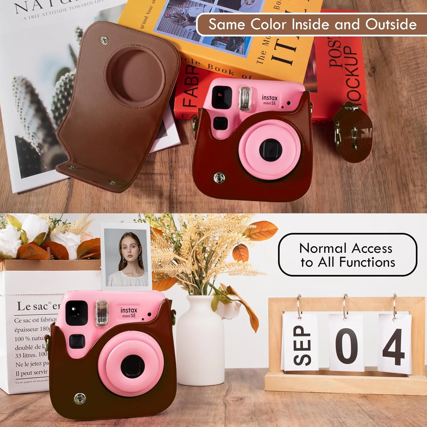 Mini Leather Case, Protective Case Compatible with Fujifilm Instax SE/7  Instant Camera, Retro Brown