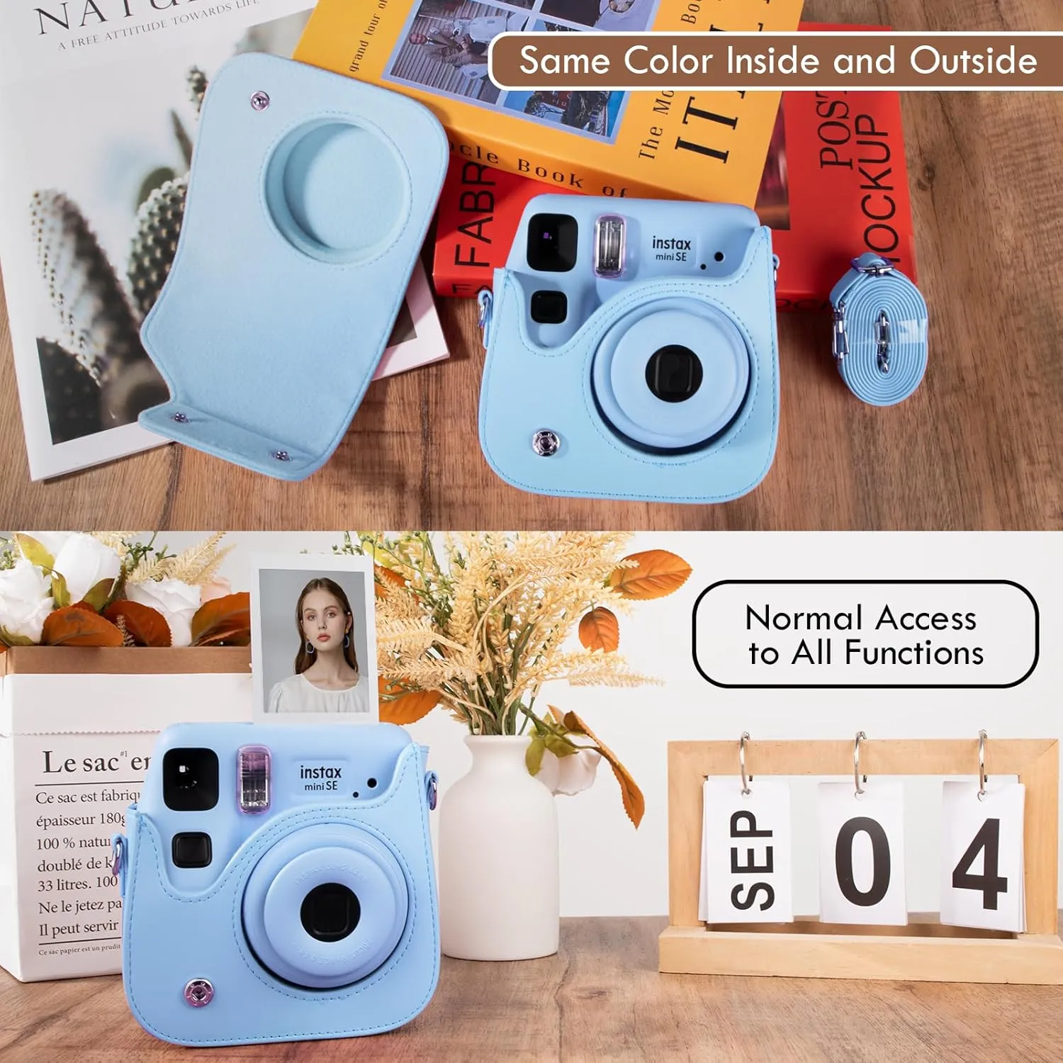 Mini SE Camera Case, Protective Case Compatible with Fujifilm Instax Mini SE/7  Instant Camera, for Instax Mini SE Cover with Shoulder Strap - Sky Blue
