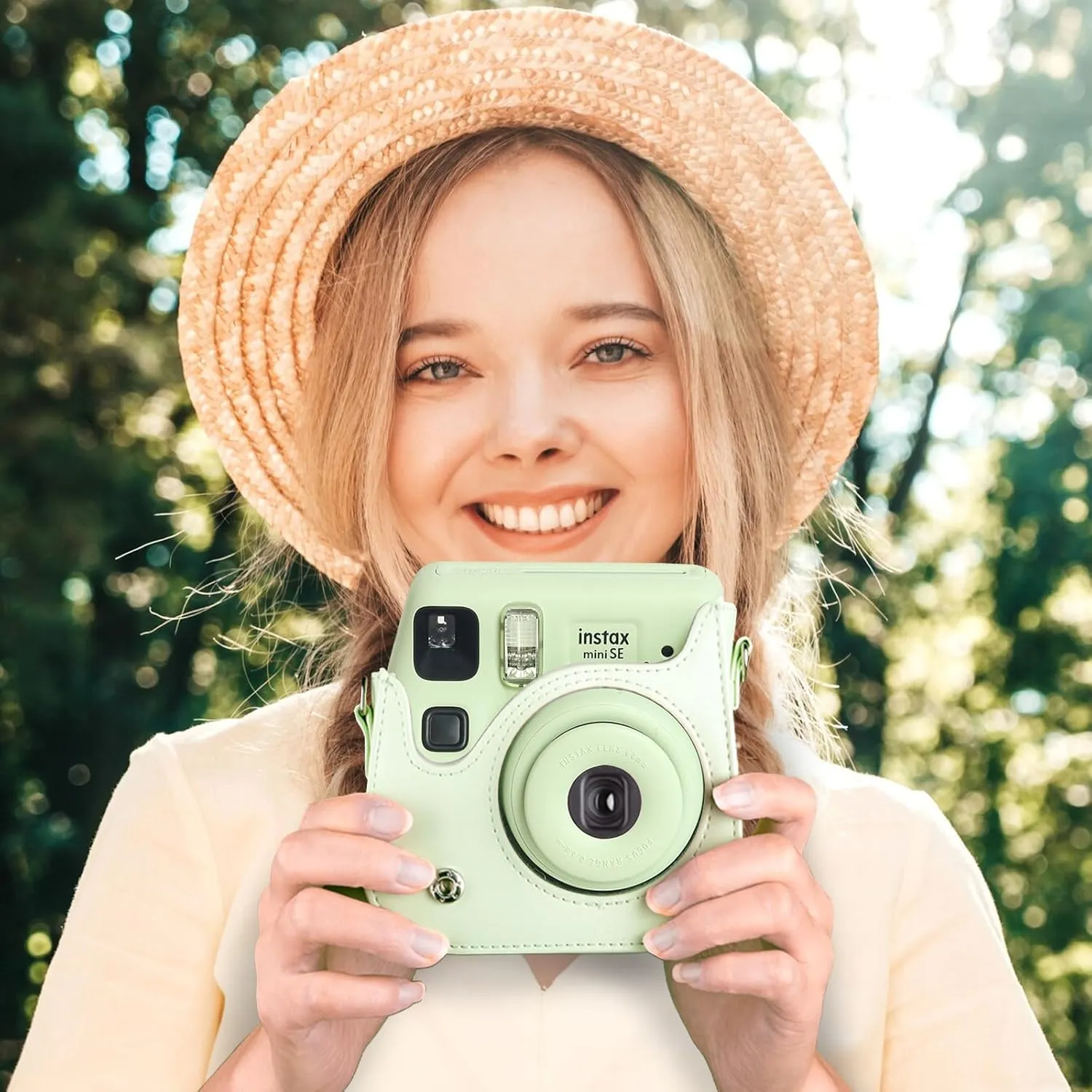 Mini SE Leather Case, Protective Case Compatible with Fujifilm Instax Mini SE/7  Instant Camera, for Instax Mini SE Cover with Shoulder Strap - Cream Green