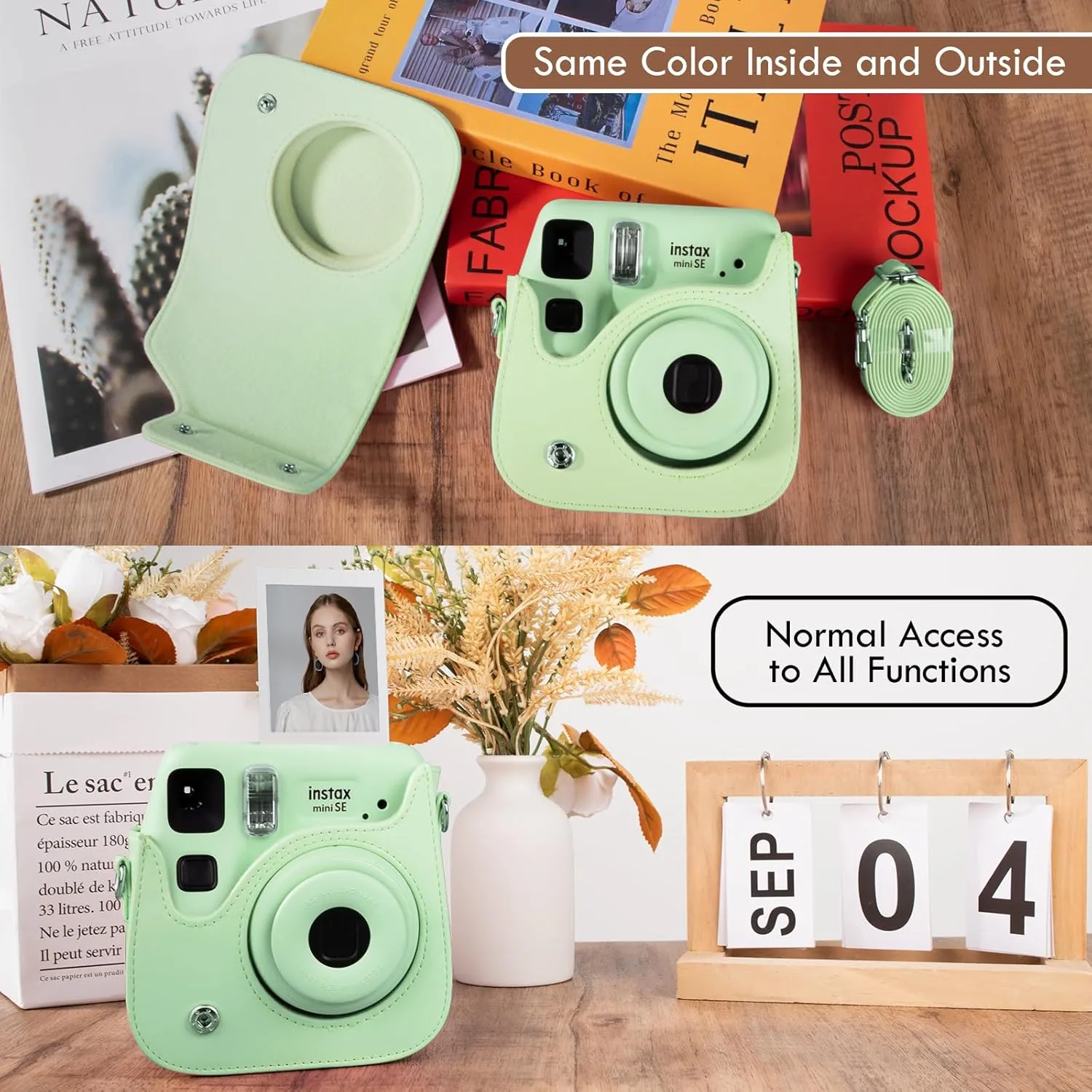 Mini SE Leather Case, Protective Case Compatible with Fujifilm Instax Mini SE/7  Instant Camera, for Instax Mini SE Cover with Shoulder Strap - Cream Green