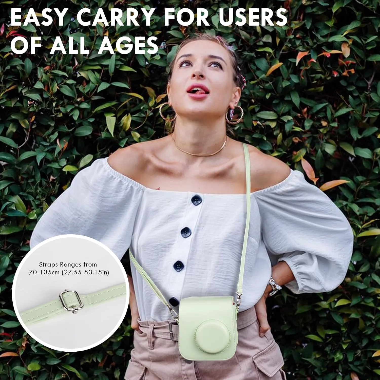 Mini SE Leather Case, Protective Case Compatible with Fujifilm Instax Mini SE/7  Instant Camera, for Instax Mini SE Cover with Shoulder Strap - Cream Green