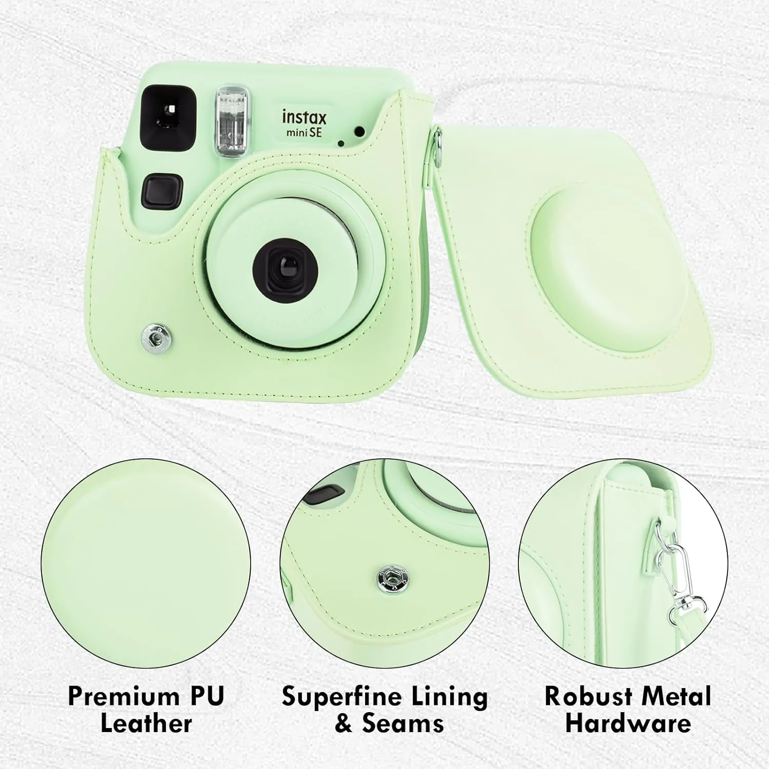 Mini SE Leather Case, Protective Case Compatible with Fujifilm Instax Mini SE/7  Instant Camera, for Instax Mini SE Cover with Shoulder Strap - Cream Green