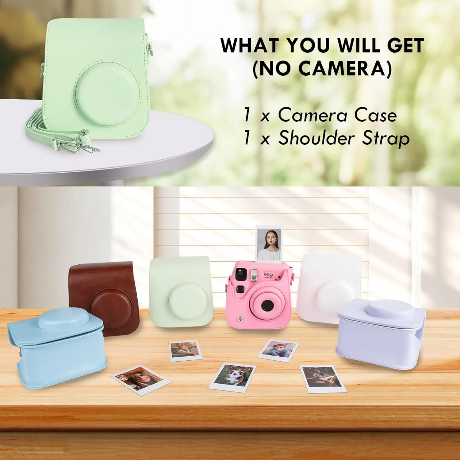 Mini SE Leather Case, Protective Case Compatible with Fujifilm Instax Mini SE/7  Instant Camera, for Instax Mini SE Cover with Shoulder Strap - Cream Green