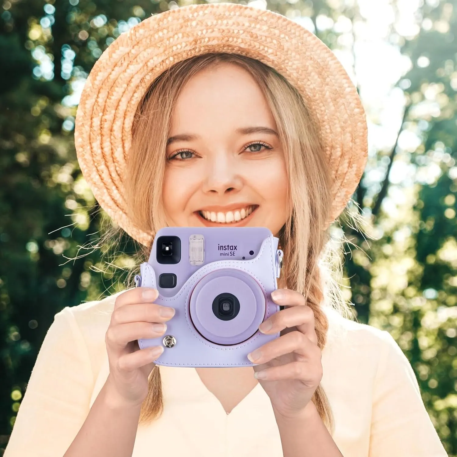 Mini SE Leather Case, Protective Case Compatible with Fujifilm Instax Mini SE/7  Instant Camera, for Instax Mini SE Cover with Shoulder Strap - Lilac Purple