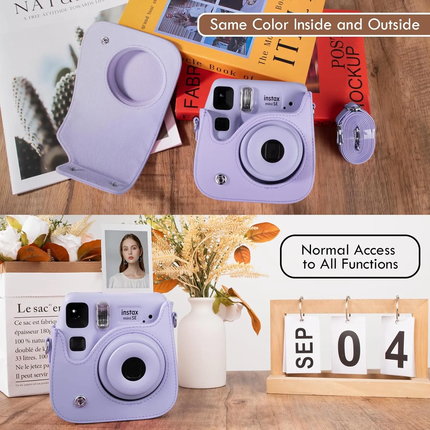 Mini SE Leather Case, Protective Case Compatible with Fujifilm Instax Mini SE/7  Instant Camera, for Instax Mini SE Cover with Shoulder Strap - Lilac Purple