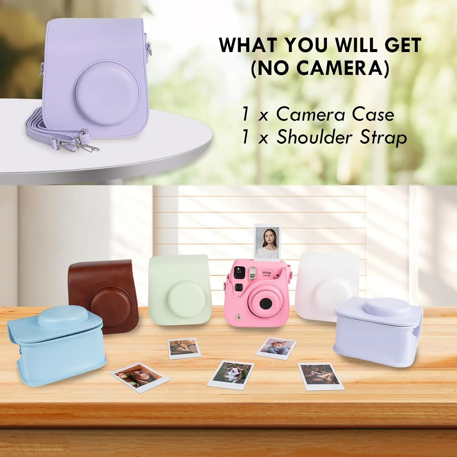Mini SE Leather Case, Protective Case Compatible with Fujifilm Instax Mini SE/7  Instant Camera, for Instax Mini SE Cover with Shoulder Strap - Lilac Purple