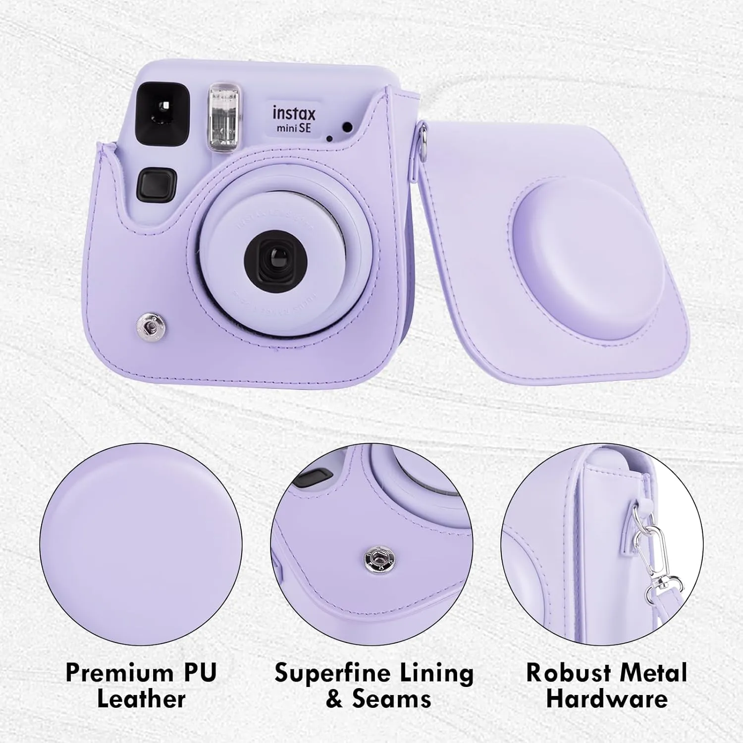 Mini SE Leather Case, Protective Case Compatible with Fujifilm Instax Mini SE/7  Instant Camera, for Instax Mini SE Cover with Shoulder Strap - Lilac Purple