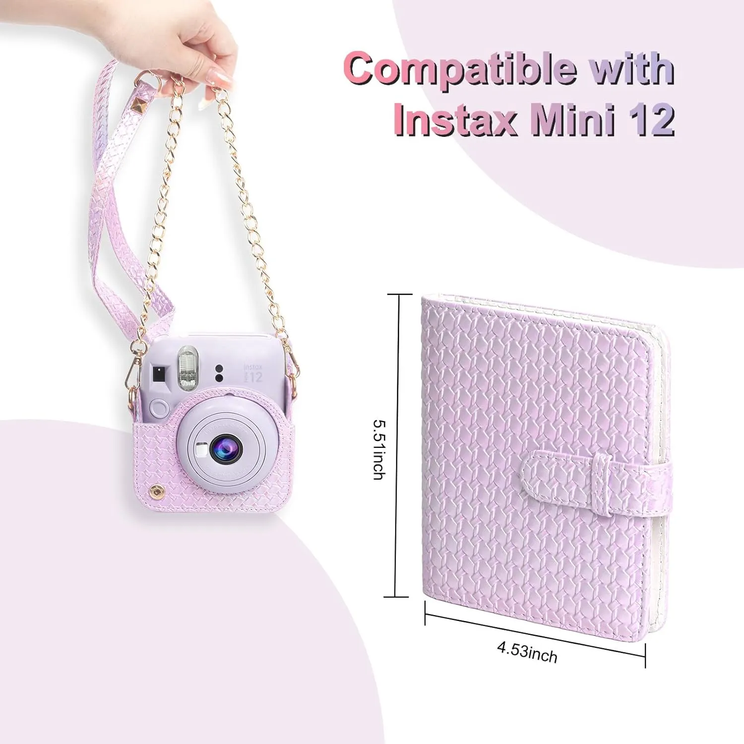 MOSISO Camera Protective Case Compatible with Instax Mini 12, PU Leather Glitter Woven Instant Camera Carrying Storage Bag with Adjustable Shoulder Strap&Photo Album for Instax Mini 12, Purple