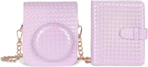 MOSISO Camera Protective Case Compatible with Instax Mini 12, PU Leather Glitter Woven Instant Camera Carrying Storage Bag with Adjustable Shoulder Strap&Photo Album for Instax Mini 12, Purple