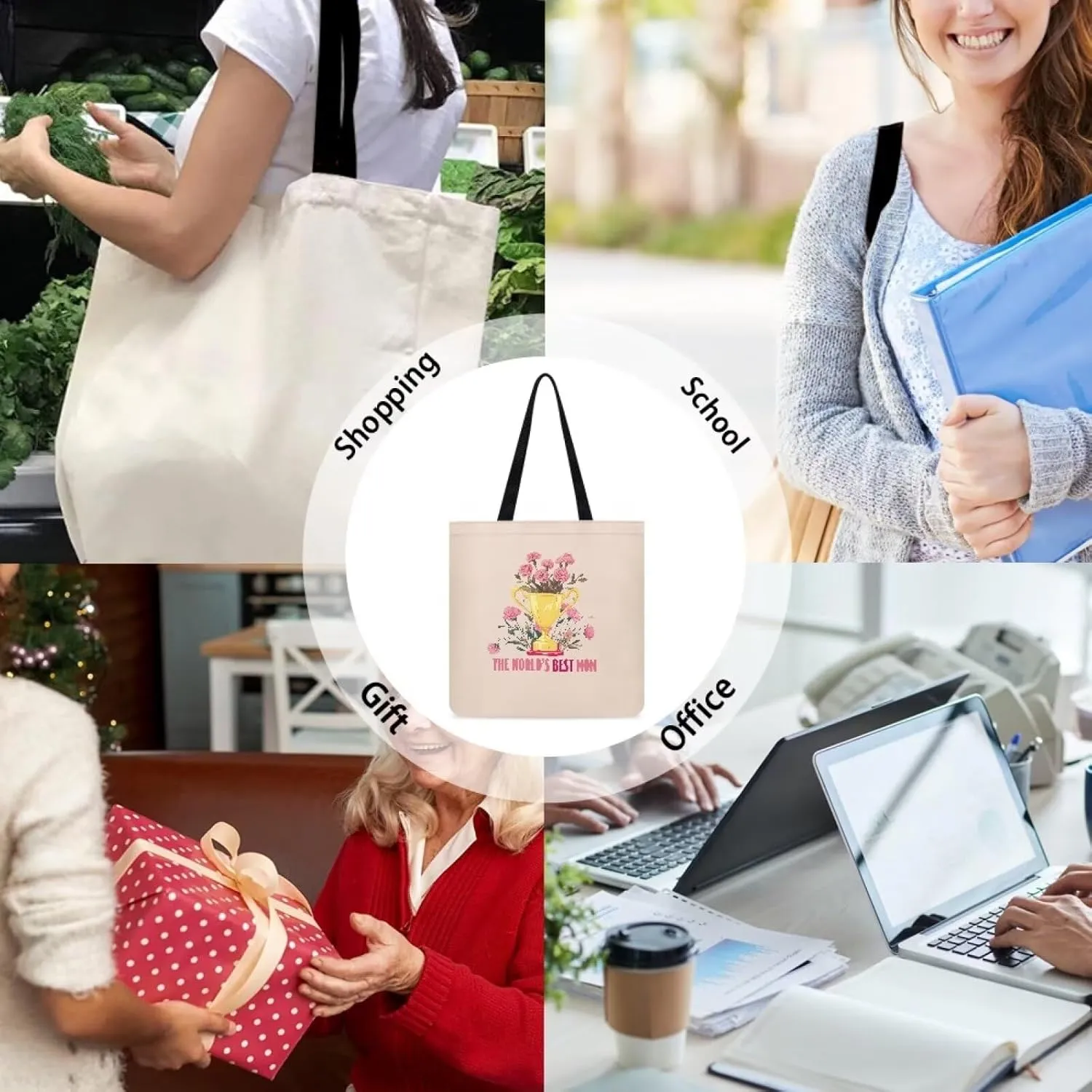 Mother's Day Tote BagReusable Handbag with Festive Mother's Day Artfor Shopping Sports Beach