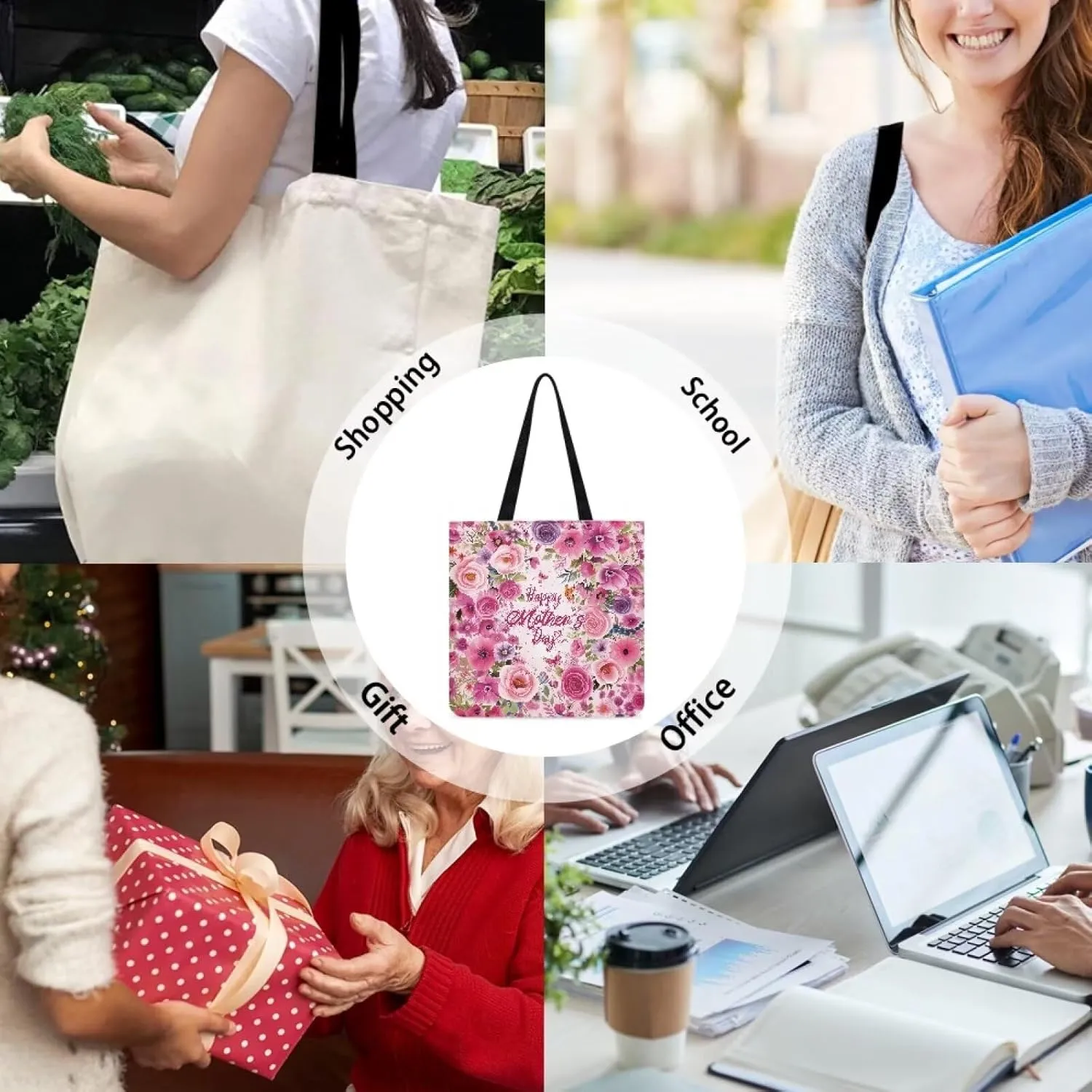 Mother's Day Tote BagReusable Handbag with Festive Mother's Day Artfor Shopping Sports Beach