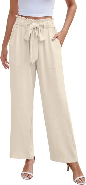 NILOUFO Women Summer Casual Wide Leg Pants High Waisted Elastic Tie Knot Boho Beach Trousers with Pockets