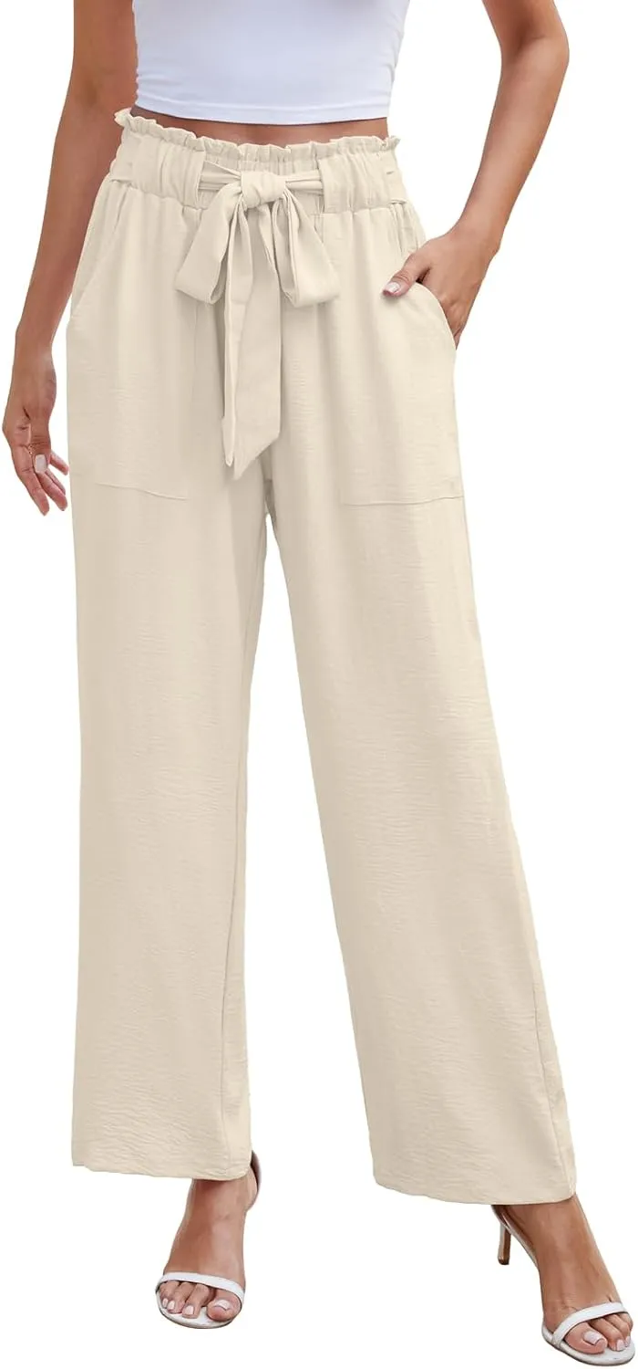 NILOUFO Women Summer Casual Wide Leg Pants High Waisted Elastic Tie Knot Boho Beach Trousers with Pockets