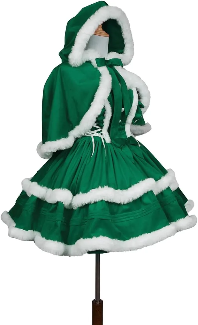 Oiefeen Women's Christmas Dress Skirt and Hooded Cloak Match