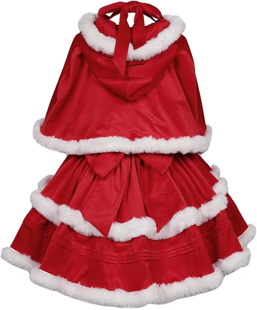 Oiefeen Women's Christmas Dress Skirt and Hooded Cloak Match