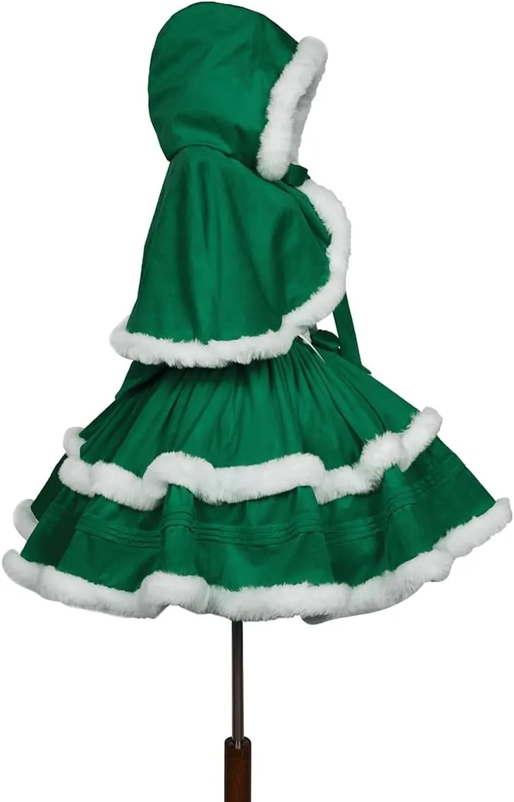 Oiefeen Women's Christmas Dress Skirt and Hooded Cloak Match