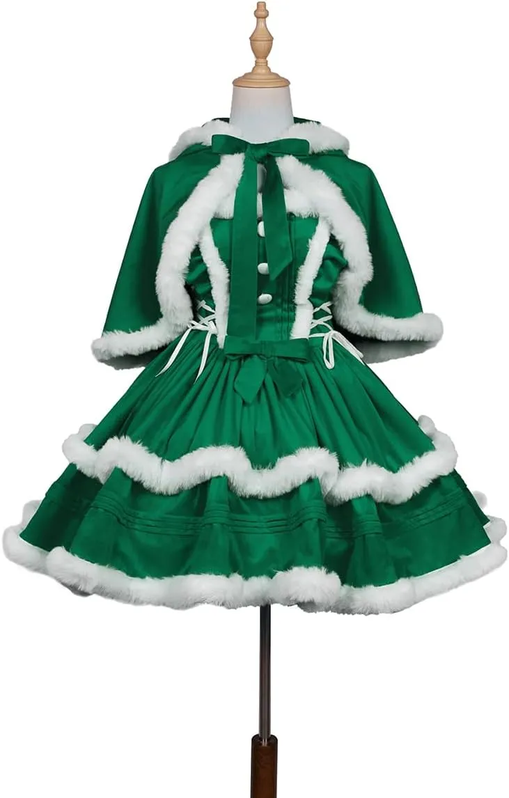 Oiefeen Women's Christmas Dress Skirt and Hooded Cloak Match