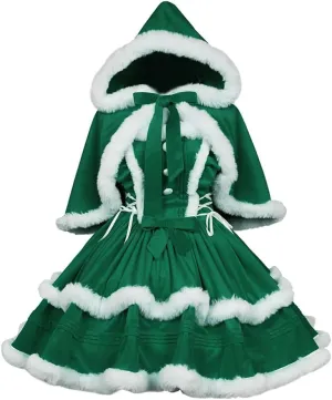 Oiefeen Women's Christmas Dress Skirt and Hooded Cloak Match