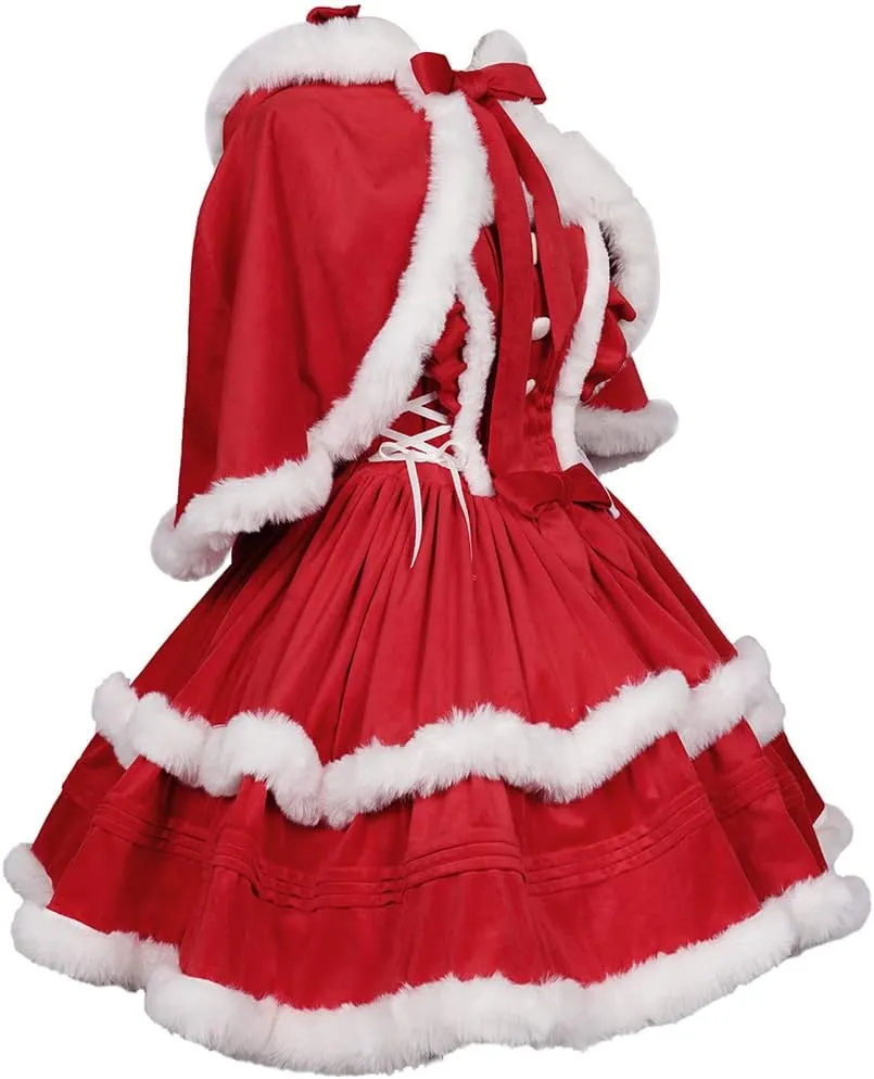 Oiefeen Women's Christmas Dress Skirt and Hooded Cloak Match