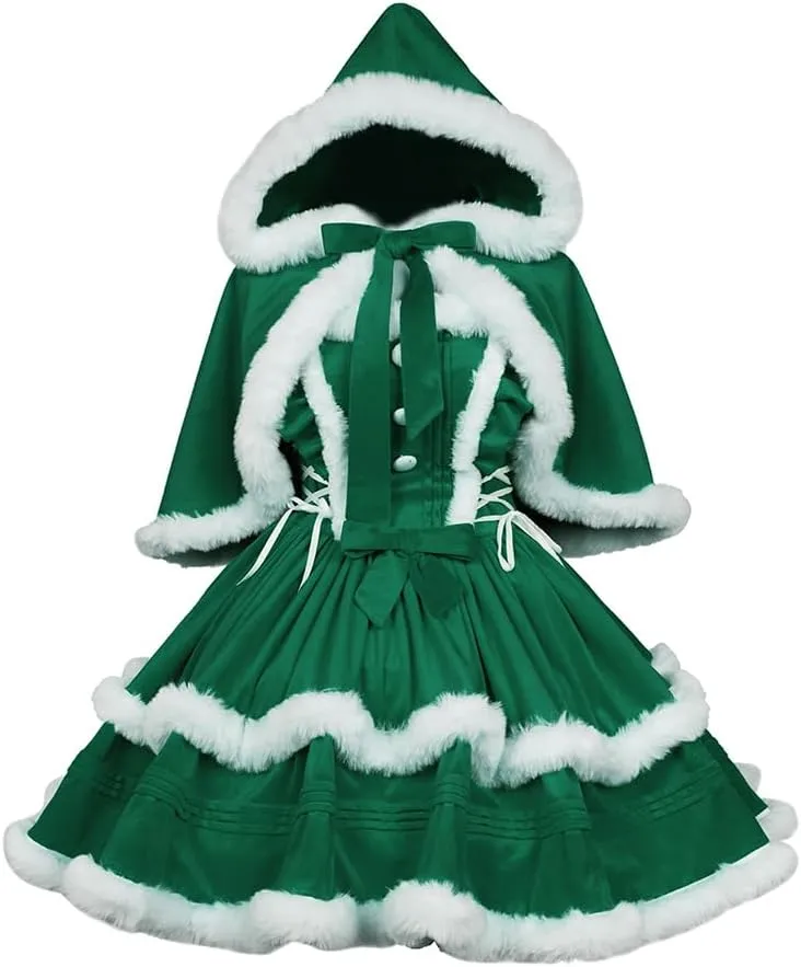 Oiefeen Women's Christmas Dress Skirt and Hooded Cloak Match