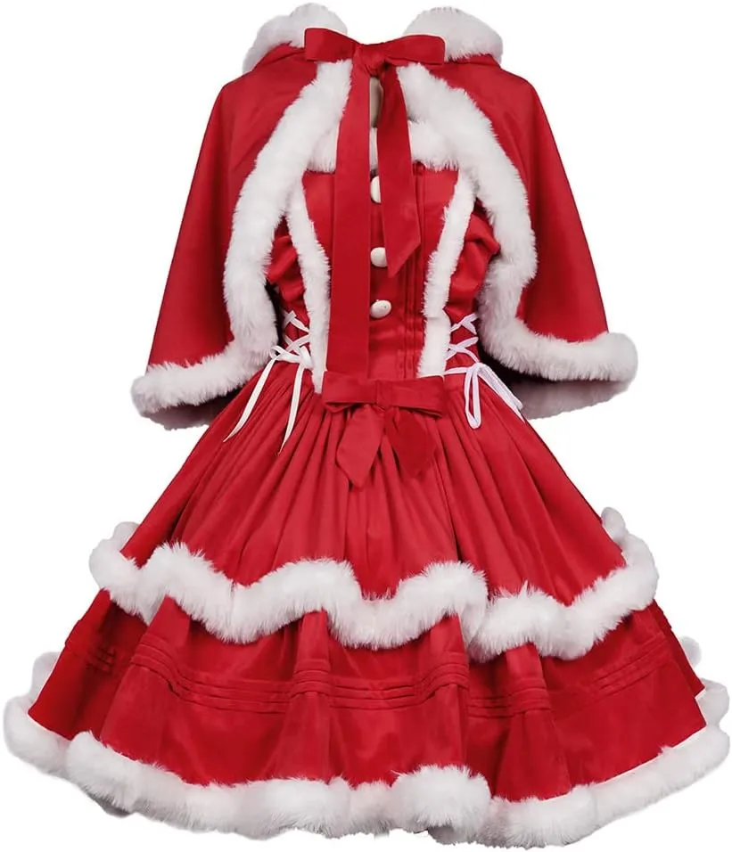 Oiefeen Women's Christmas Dress Skirt and Hooded Cloak Match
