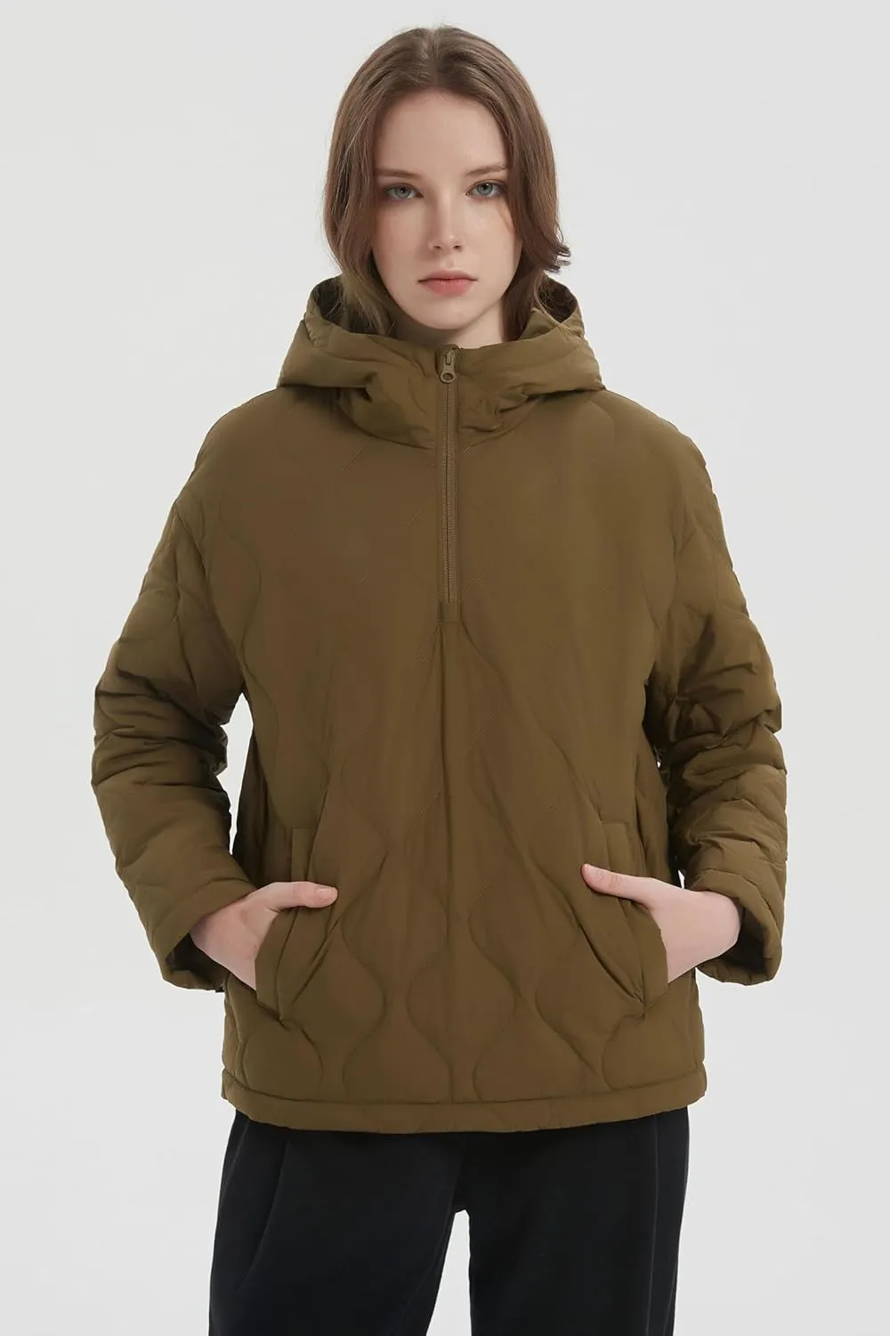 Orolay Women's Quilted Puffer Jacket Half Zip Water Repellent Pullover Winter Warm Hoodies Coat with Pockets