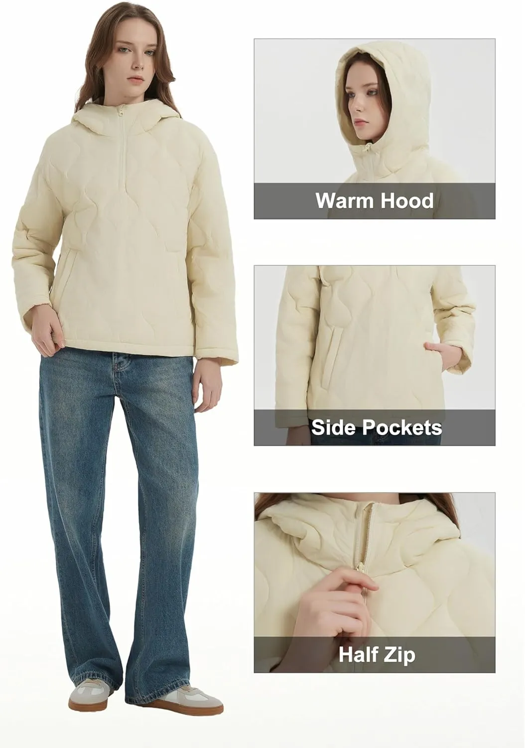 Orolay Women's Quilted Puffer Jacket Half Zip Water Repellent Pullover Winter Warm Hoodies Coat with Pockets