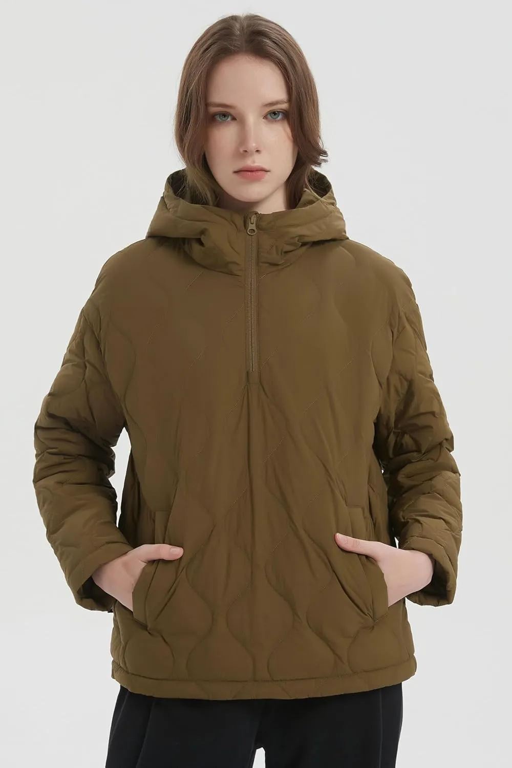 Orolay Women's Quilted Puffer Jacket Half Zip Water Repellent Pullover Winter Warm Hoodies Coat with Pockets