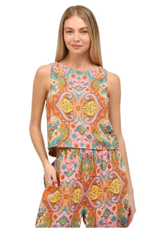 PAISLEY PRINT LINEN BLEND CROP TOP, ORANGE/PINK/TEAL