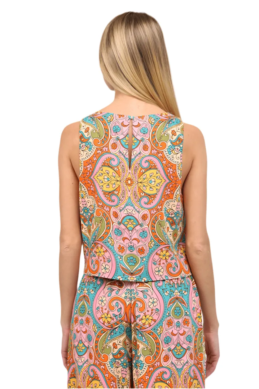 PAISLEY PRINT LINEN BLEND CROP TOP, ORANGE/PINK/TEAL