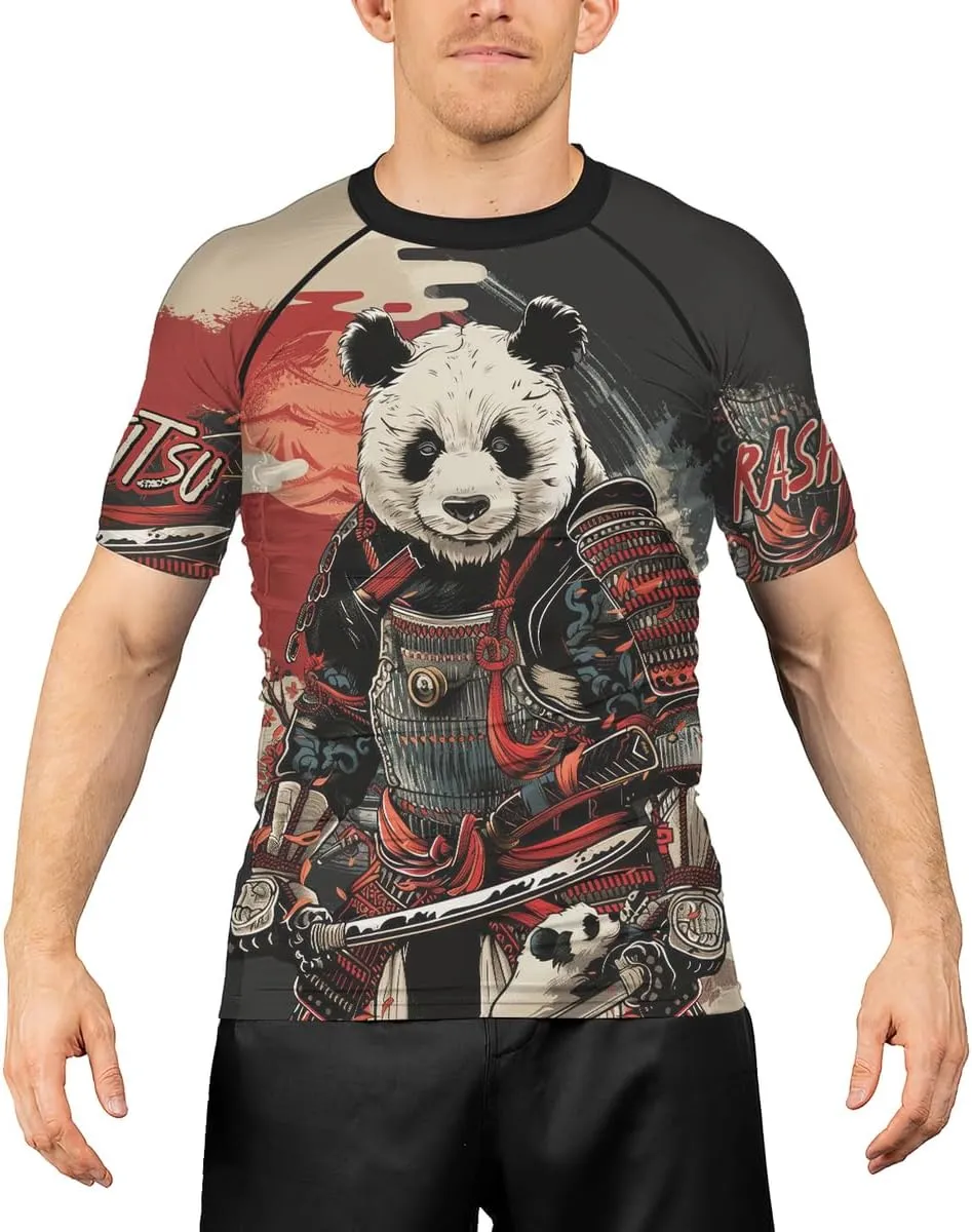Panda Samurai Compression Short Sleeves Rash Guard for Men Quick Dry BJJ Fightwear MMA Gi No Gi Jiu-Jitsu Muya Thai