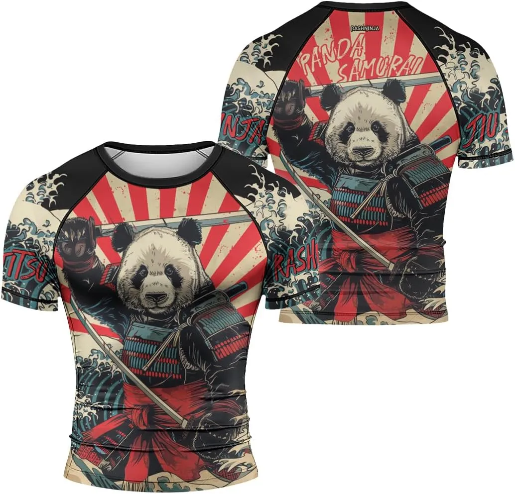 Panda Samurai Compression Short Sleeves Rash Guard for Men Quick Dry BJJ Fightwear MMA Gi No Gi Jiu-Jitsu Muya Thai