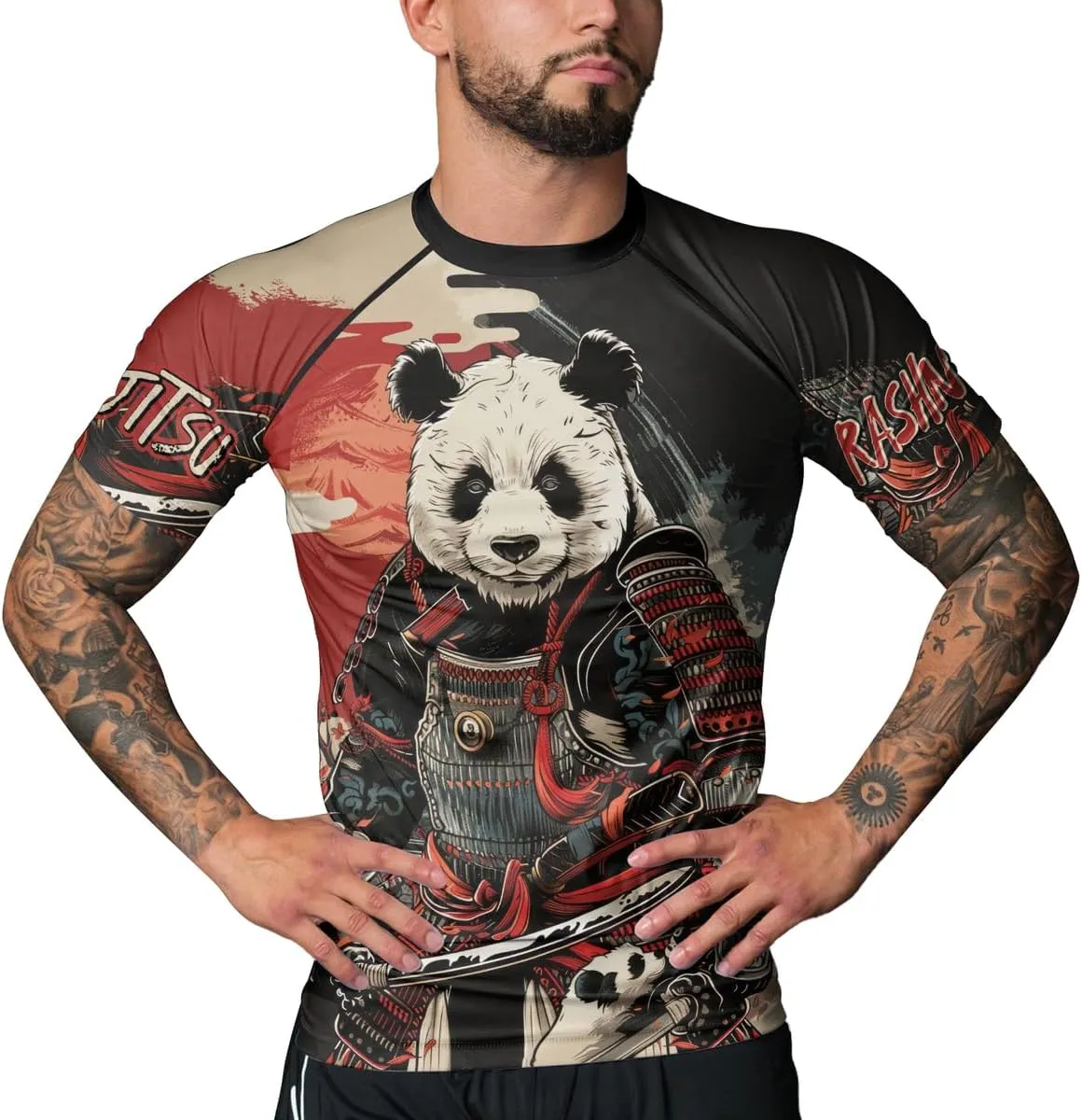 Panda Samurai Compression Short Sleeves Rash Guard for Men Quick Dry BJJ Fightwear MMA Gi No Gi Jiu-Jitsu Muya Thai