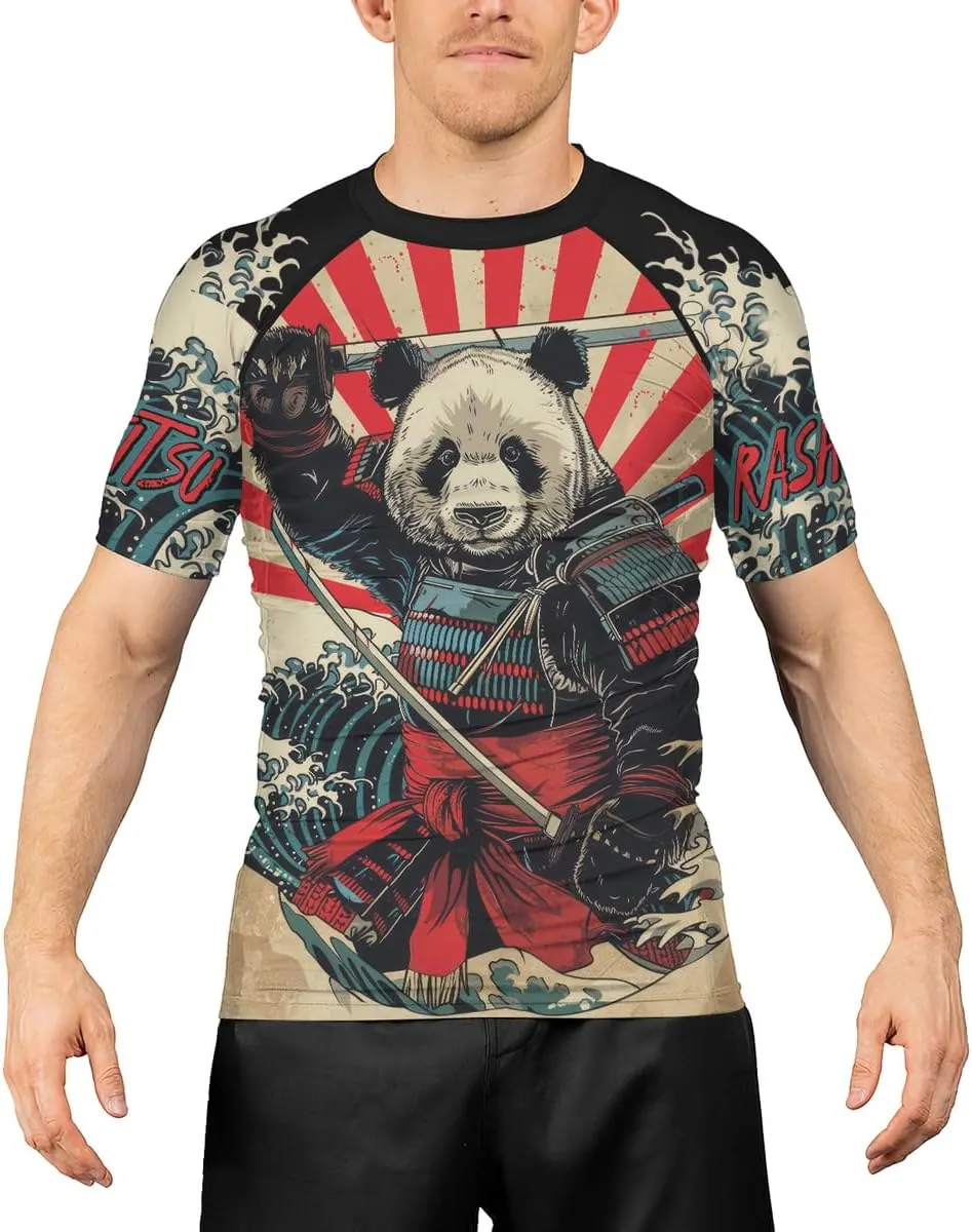 Panda Samurai Compression Short Sleeves Rash Guard for Men Quick Dry BJJ Fightwear MMA Gi No Gi Jiu-Jitsu Muya Thai