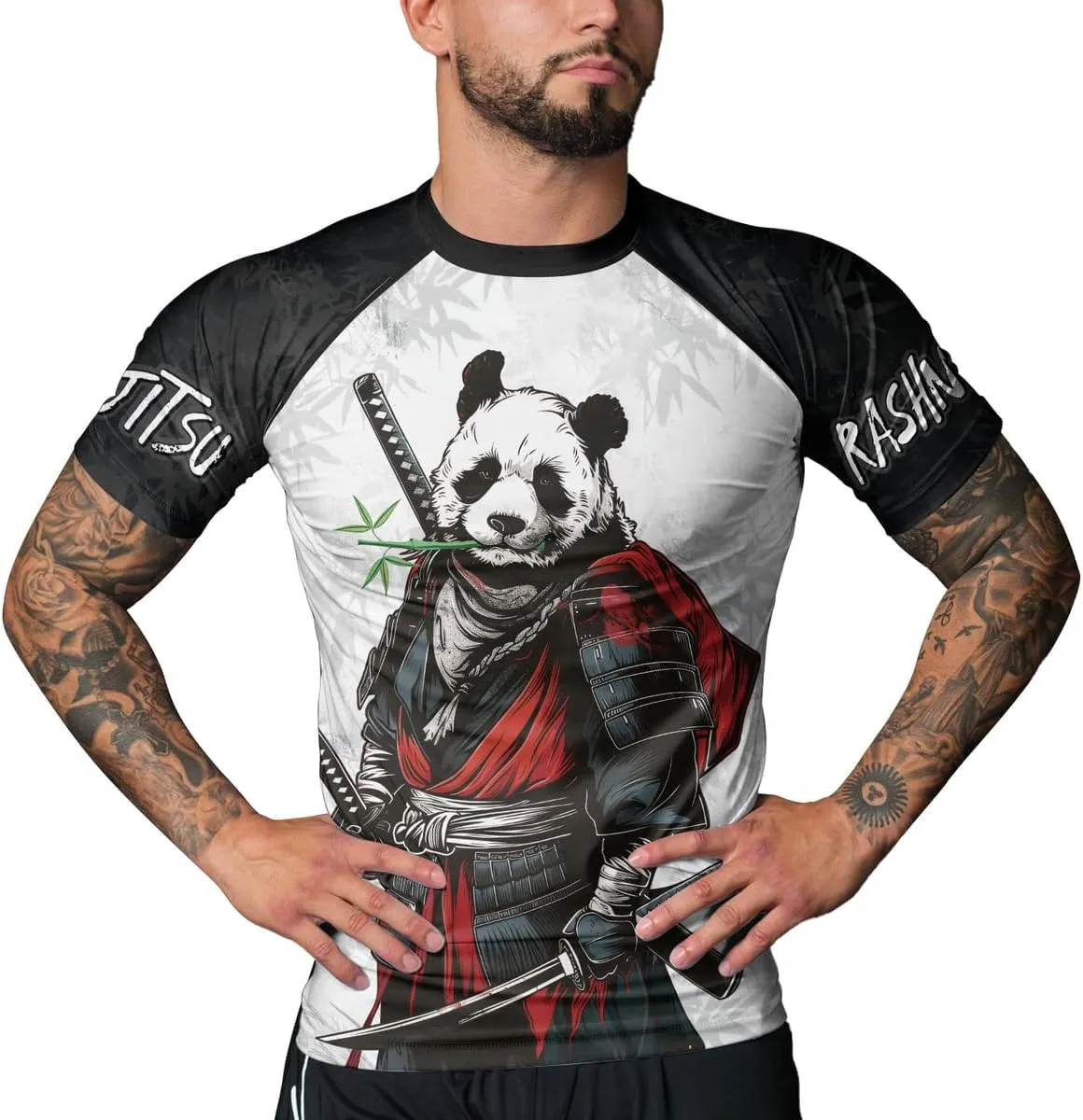 Panda Samurai Compression Short Sleeves Rash Guard for Men Quick Dry BJJ Fightwear MMA Gi No Gi Jiu-Jitsu Muya Thai