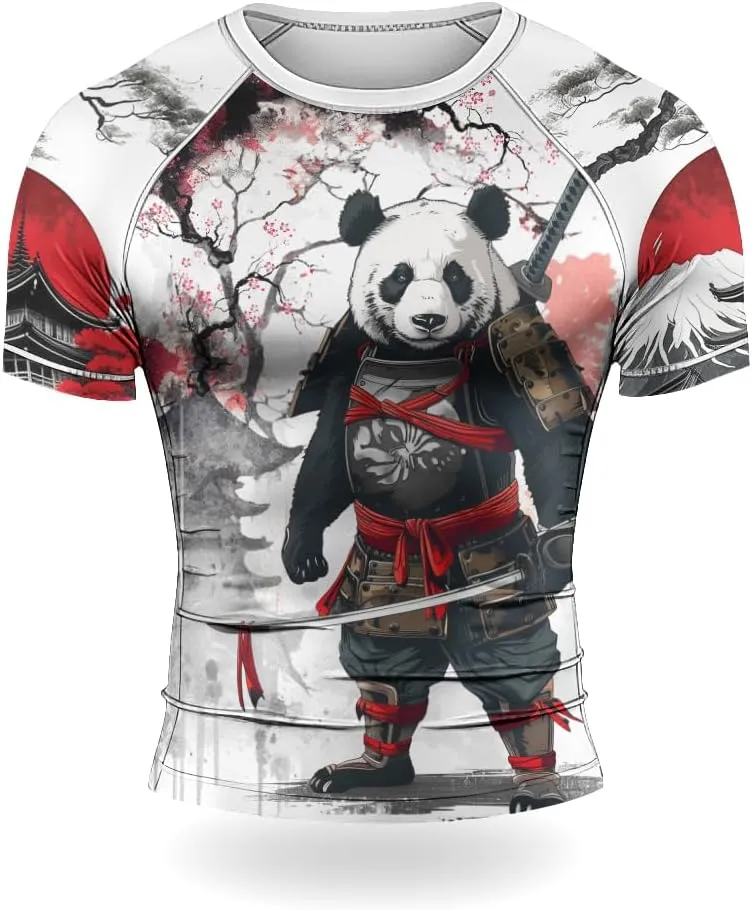 Panda Samurai Compression Short Sleeves Rash Guard for Men Quick Dry BJJ Fightwear MMA Gi No Gi Jiu-Jitsu Muya Thai