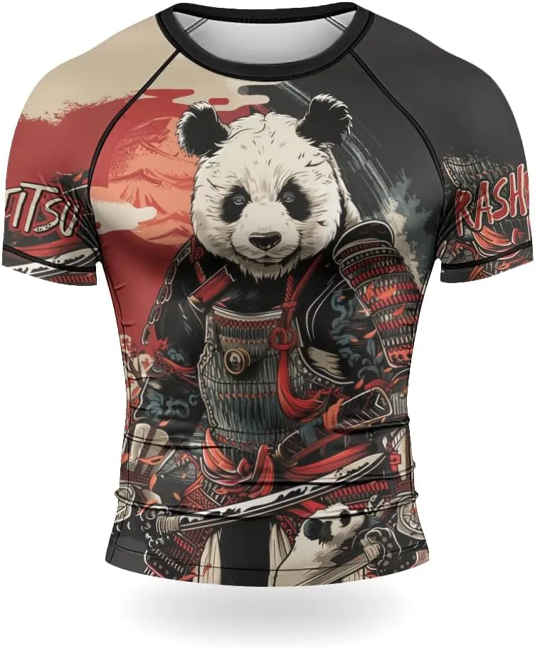 Panda Samurai Compression Short Sleeves Rash Guard for Men Quick Dry BJJ Fightwear MMA Gi No Gi Jiu-Jitsu Muya Thai