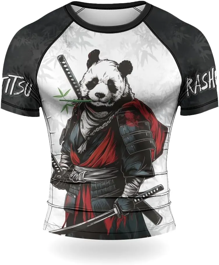 Panda Samurai Compression Short Sleeves Rash Guard for Men Quick Dry BJJ Fightwear MMA Gi No Gi Jiu-Jitsu Muya Thai