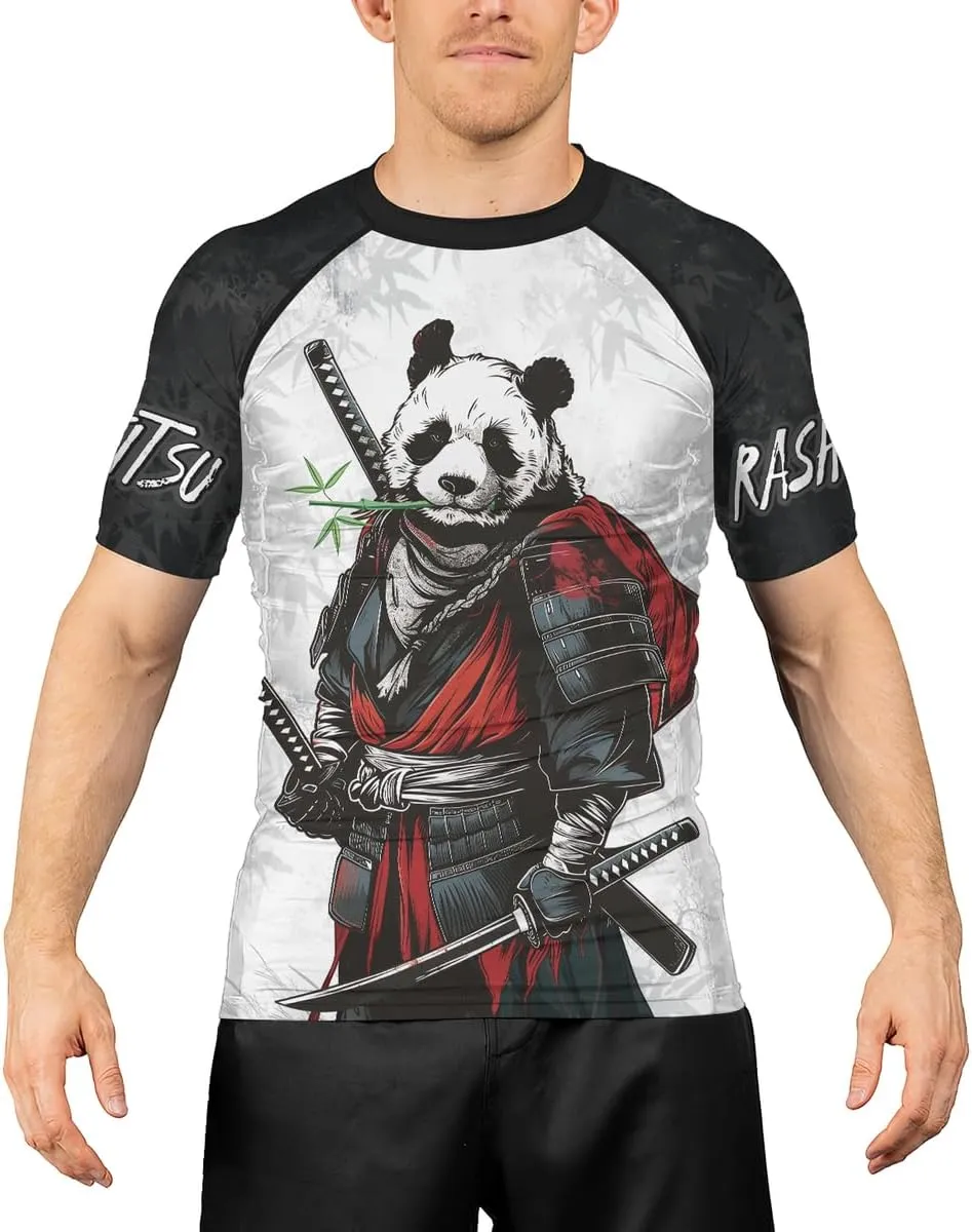 Panda Samurai Compression Short Sleeves Rash Guard for Men Quick Dry BJJ Fightwear MMA Gi No Gi Jiu-Jitsu Muya Thai