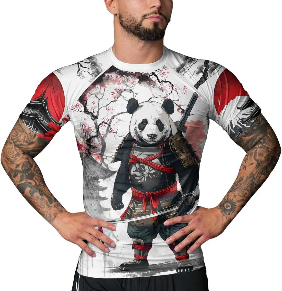 Panda Samurai Compression Short Sleeves Rash Guard for Men Quick Dry BJJ Fightwear MMA Gi No Gi Jiu-Jitsu Muya Thai