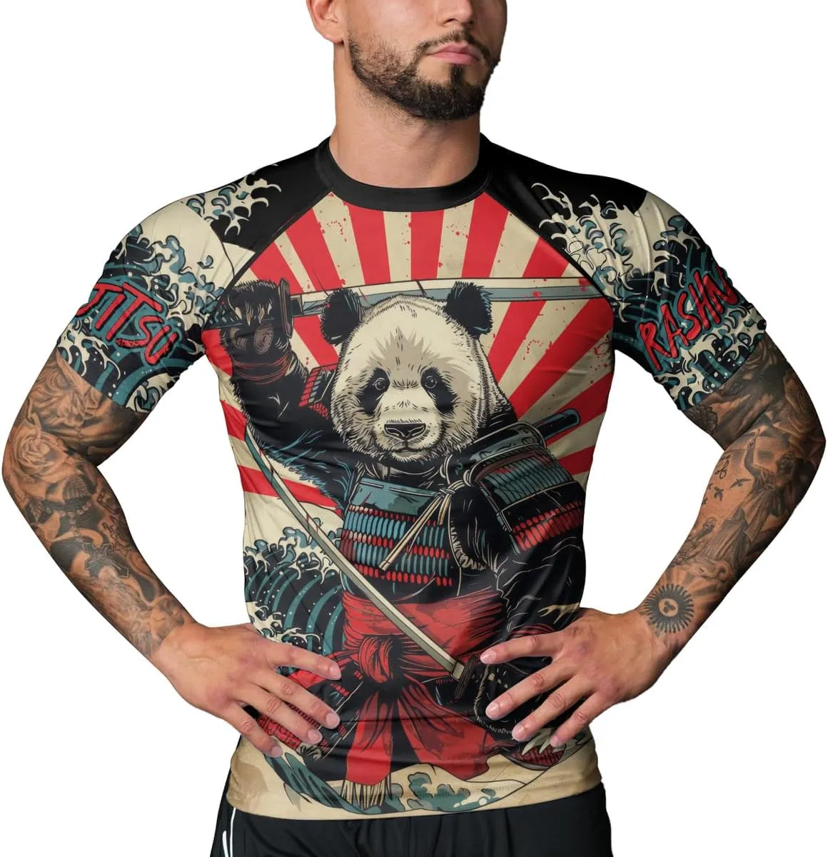 Panda Samurai Compression Short Sleeves Rash Guard for Men Quick Dry BJJ Fightwear MMA Gi No Gi Jiu-Jitsu Muya Thai