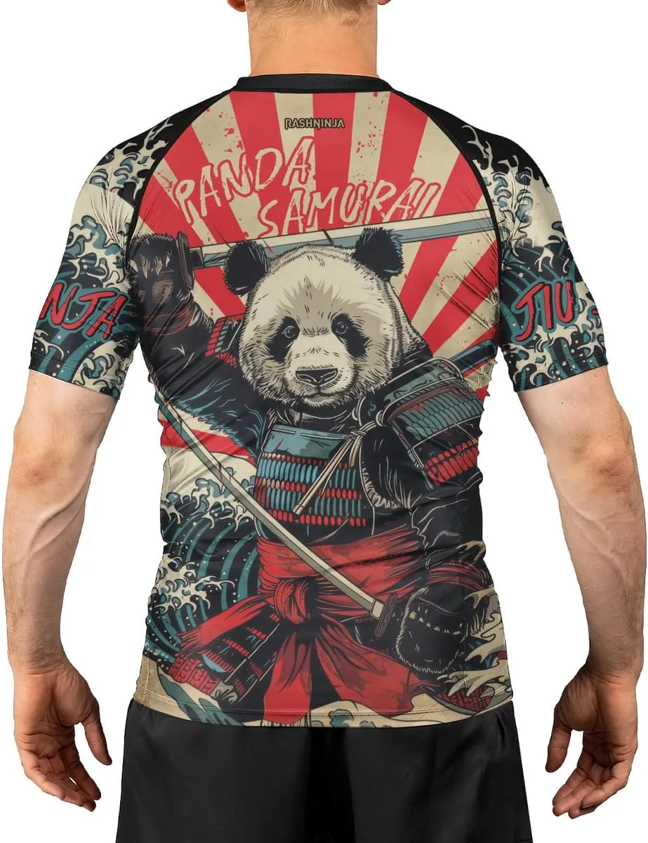 Panda Samurai Compression Short Sleeves Rash Guard for Men Quick Dry BJJ Fightwear MMA Gi No Gi Jiu-Jitsu Muya Thai