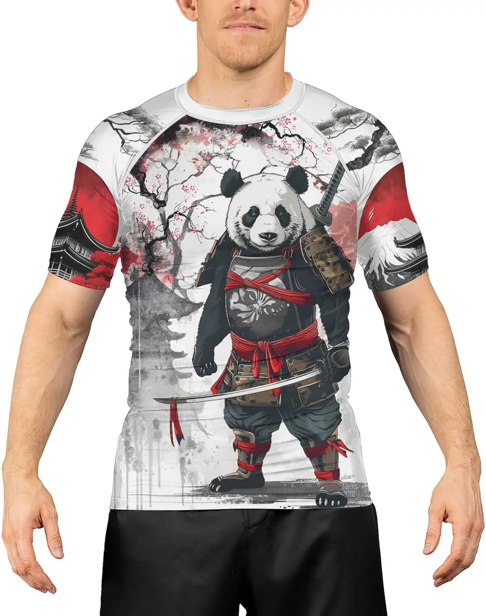 Panda Samurai Compression Short Sleeves Rash Guard for Men Quick Dry BJJ Fightwear MMA Gi No Gi Jiu-Jitsu Muya Thai