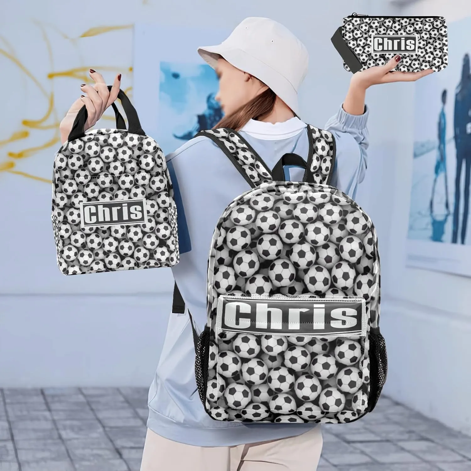 Personalized Black White Soccer Student Backpacks Set with Name Large Unique 1Lunch Handbag  1Pencil Case  1Schoolbag