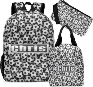 Personalized Black White Soccer Student Backpacks Set with Name Large Unique 1Lunch Handbag  1Pencil Case  1Schoolbag