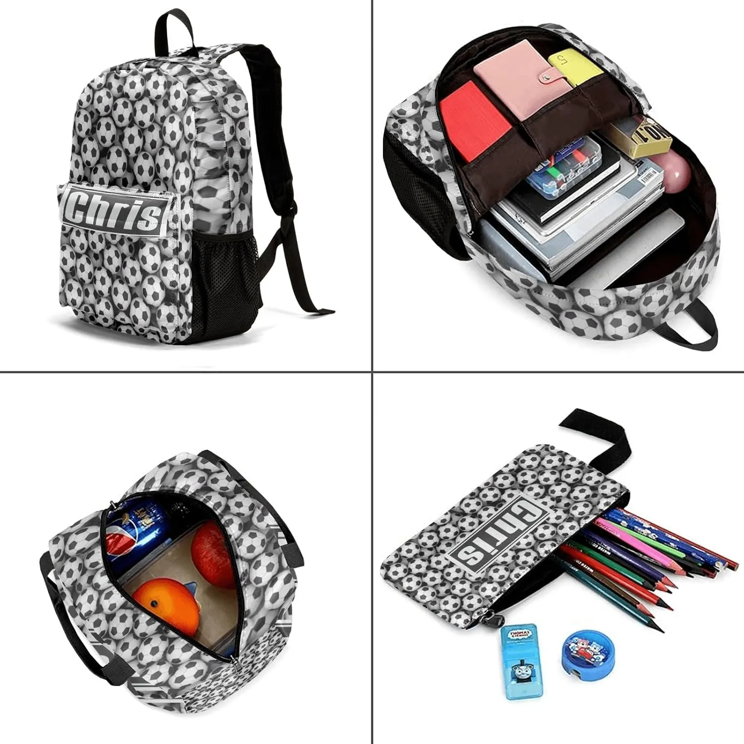 Personalized Black White Soccer Student Backpacks Set with Name Large Unique 1Lunch Handbag  1Pencil Case  1Schoolbag